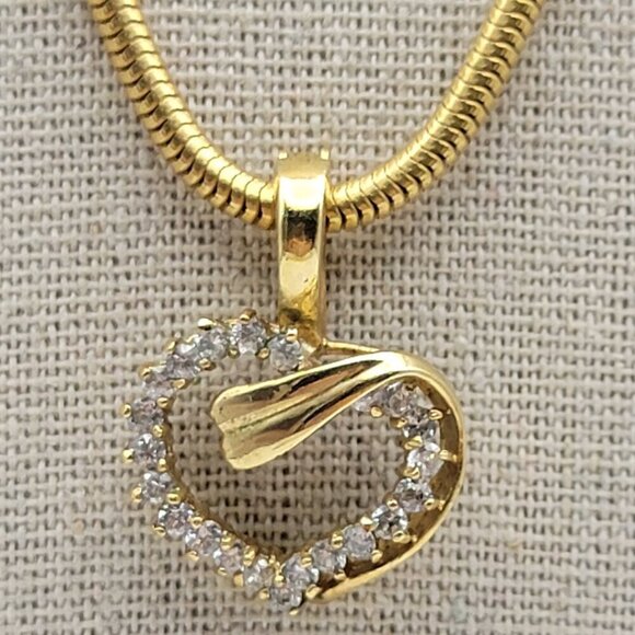Jewelry - Vtg. Gold Plated CZ Heart Pendant Necklace 18 In Spring Ring Clasp Snake Chain
